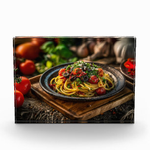 Spaghetti Puttanesca with Fresh Tomatoes and Olive Photo Block