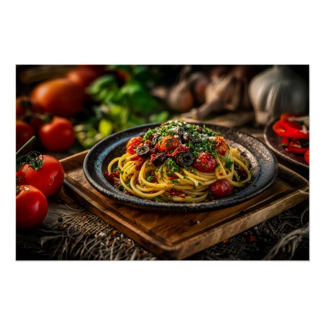 Spaghetti Puttanesca with Fresh Tomatoes and Olive Poster (Front)