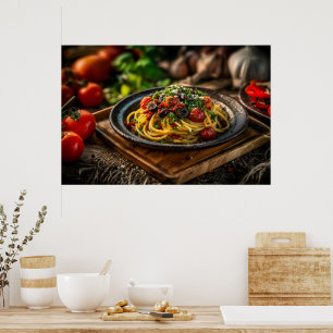 Spaghetti Puttanesca with Fresh Tomatoes and Olive Poster