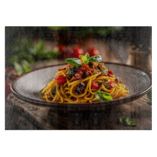 Spaghetti with Caponata in Rustic Countryside Fiel Cutting Board