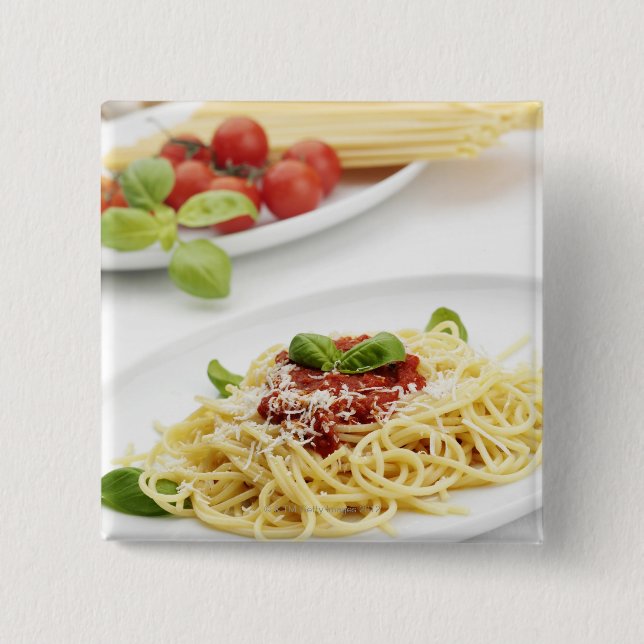 Spaghetti with tomato sauce and basil 15 cm square badge (Front)