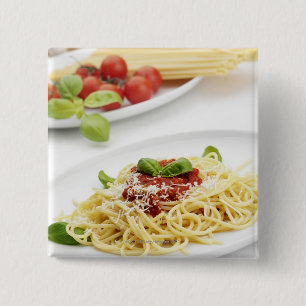Spaghetti with tomato sauce and basil 15 cm square badge