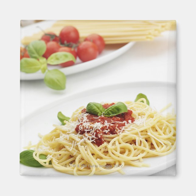 Spaghetti with tomato sauce and basil magnet (Front)