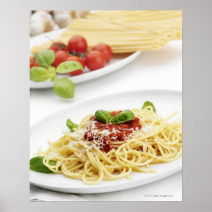 Spaghetti with tomato sauce and basil poster