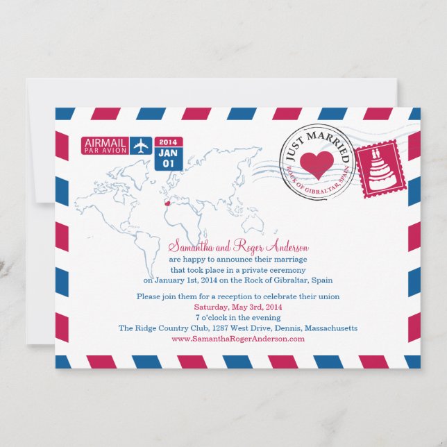 Spain Air Mail Post Wedding Reception Invitation (Front)