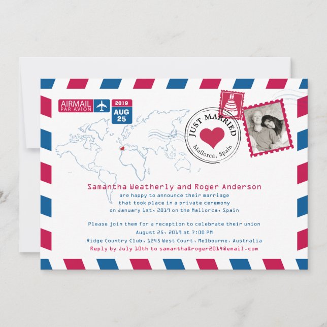 Spain Airmail Post Wedding Reception Invitation (Front)
