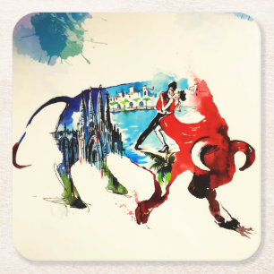 Spain Bull Vintage Travel Love Watercolor Square Paper Coaster