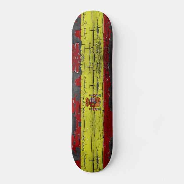 Spain flag on disstressed paint skateboard (Front)