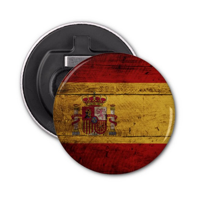 Spain Flag on Old Wood Grain Bottle Opener (Front)