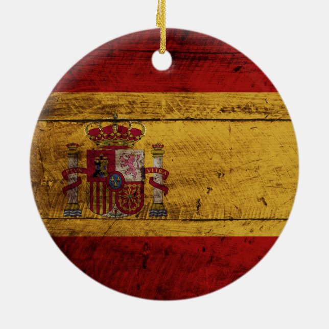 Spain Flag on Old Wood Grain Ceramic Tree Decoration (Back)