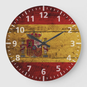 Spain Flag on Old Wood Grain Large Clock