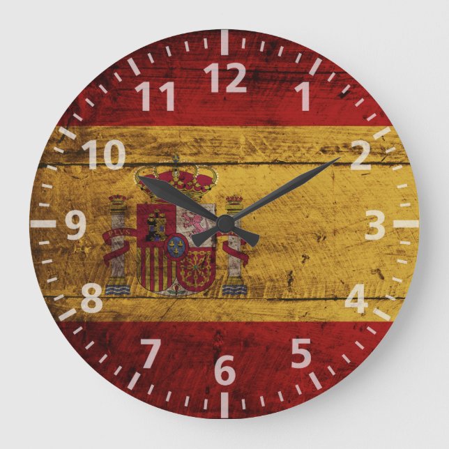 Spain Flag on Old Wood Grain Large Clock (Front)