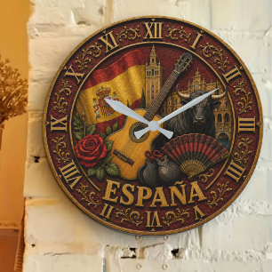 Spain Flag Spanish Bull Guitar Flamenco Vintage Large Clock