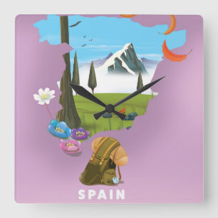 Spain Illustrated map travel poster Square Wall Clock
