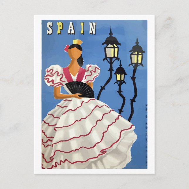 Spain, illustration,girl in folk costume and lamps postcard (Front)