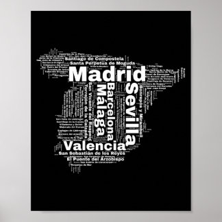 spain map word cloud with cities names poster