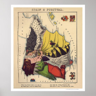 Spain & Portugal Caricature Map 1868 Poster