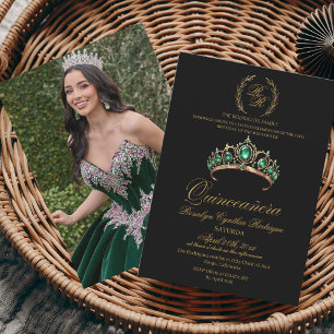 Spain Quinceanera Black Gold 15th Birthday Invitation