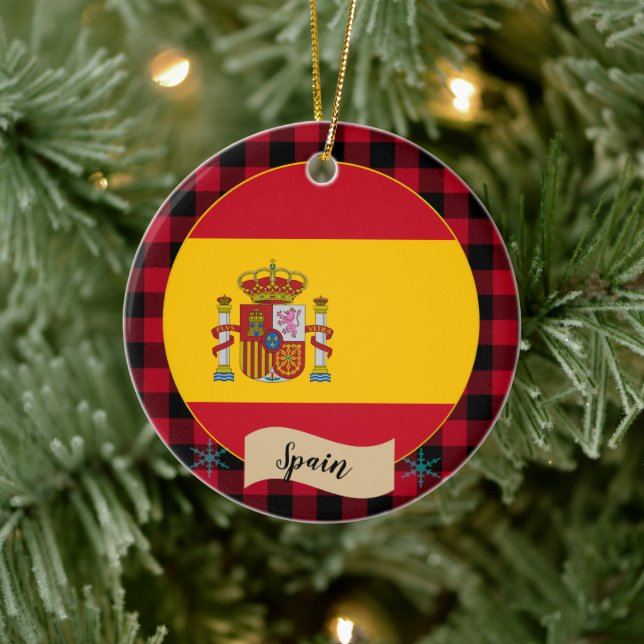 Spain, Red buffalo plaid & Spanish Flag Ceramic Ornament (Tree)