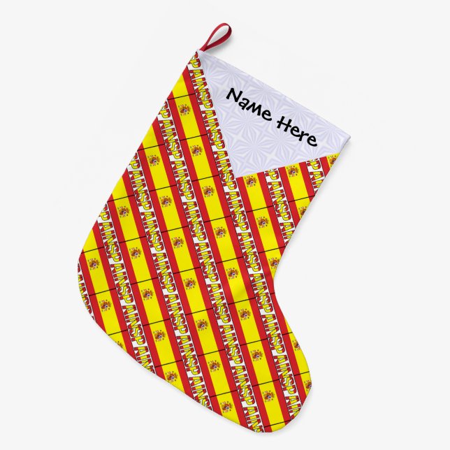 Spain Spanish Flag Tiled Personalised Name  Large Christmas Stocking (Front (Hanging))