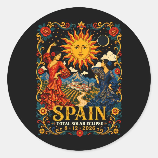 Spain Total Solar Eclipse 2026 August Flamenco Classic Round Sticker (Front)