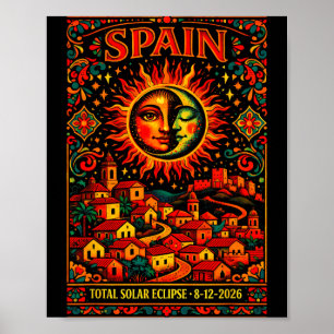 Spain Total Solar Totality Eclipse 2026 Folk Art Poster