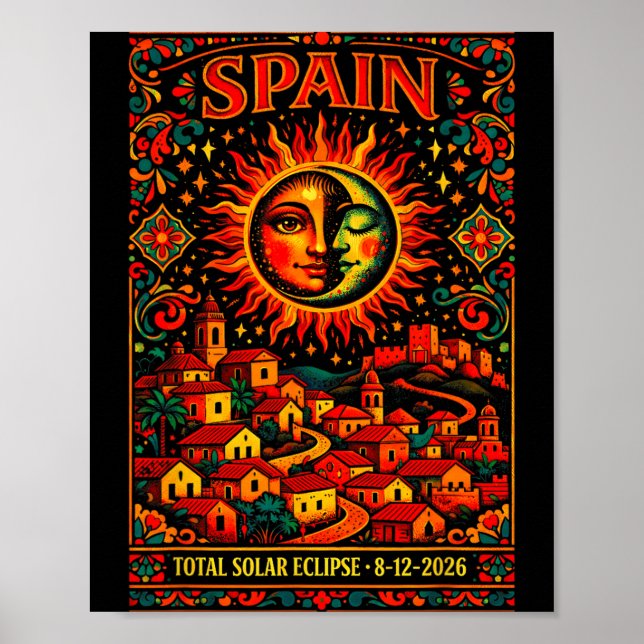 Spain Total Solar Totality Eclipse 2026 Folk Art Poster (Front)