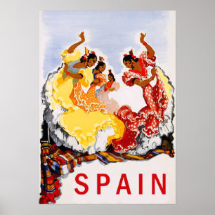 Spain, traditional dance, woman, vintage travel poster