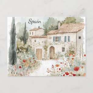 Spain Vintage Watercolor Spanish Villa Travel Postcard