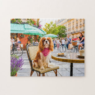 Spaniel city outing at outdoor café jigsaw puzzle