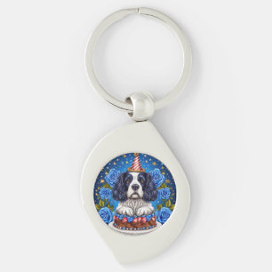 Spaniel Dog Celebrating Birthday With Festive Hat Key Ring