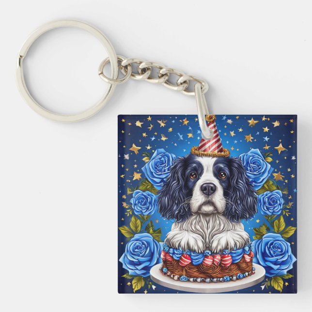 Spaniel Dog Celebrating Birthday With Festive Hat Key Ring (Front)