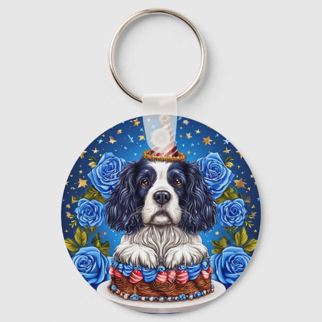 Spaniel Dog Celebrating Birthday With Festive Hat Key Ring (Front)