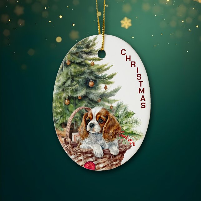 Spaniel Puppy Wicker Basket Christmas Ceramic Ornament (Creator Uploaded)
