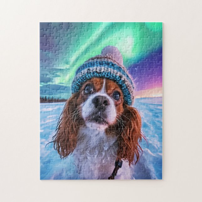 Spaniel Under Northern Lights Norway Jigsaw Puzzle (Vertical)