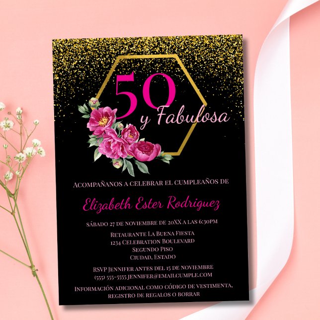 Spanish 50 y Fabulosa Black Gold Pink Chic Floral Invitation (Creator Uploaded)
