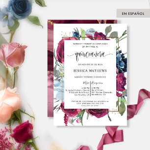 Spanish Agate Burgundy, Berry Floral Quinceañera Invitation