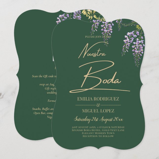 Spanish All-in1 WISTERIA Gold Text Green BODA Invi Invitation (Front/Back)