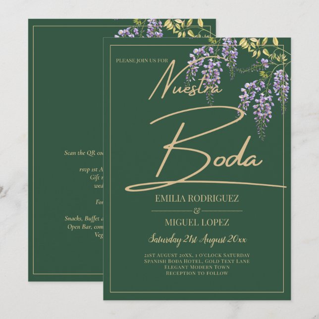 Spanish All-in1 WISTERIA Gold Text Green BODA Invitation (Front/Back)