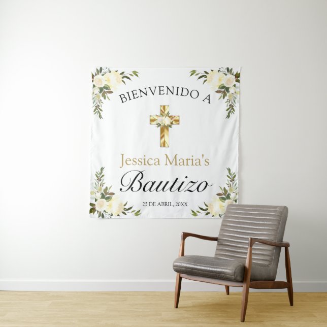 Spanish Baby Baptism Floral Gold Cross Welcome Tapestry (In Situ)