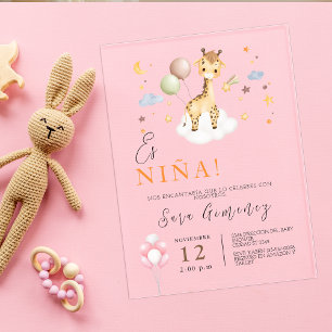 Spanish Baby Girl Shower Giraffe With Balloons Acrylic Invitations