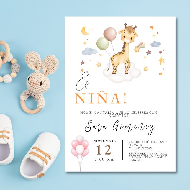 Spanish Baby Girl Shower Giraffe With Balloons  Invitation (Spanish Baby Girl Shower Giraffe With Balloons Invitation)