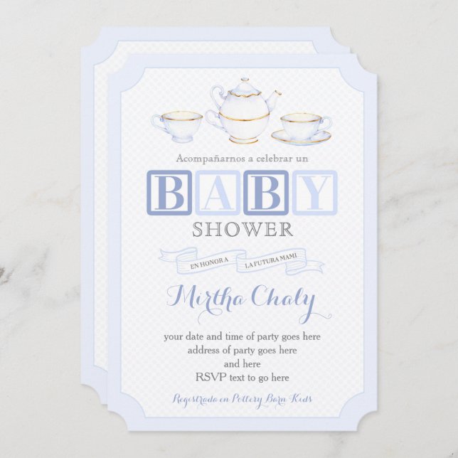 Spanish Baby Shower Tea Invites for Boy in Blues (Front/Back)