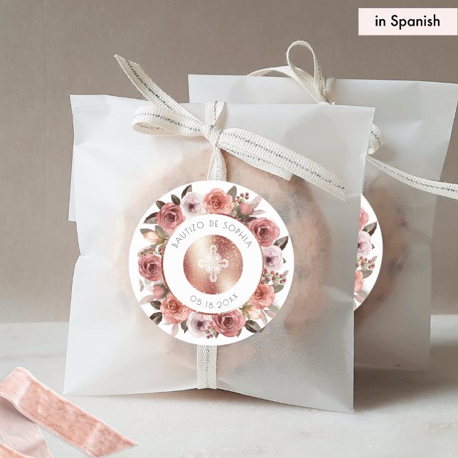 Spanish Baptism, Rose Floral Envelope Seal/Favour Classic Round Sticker (Creator Uploaded)