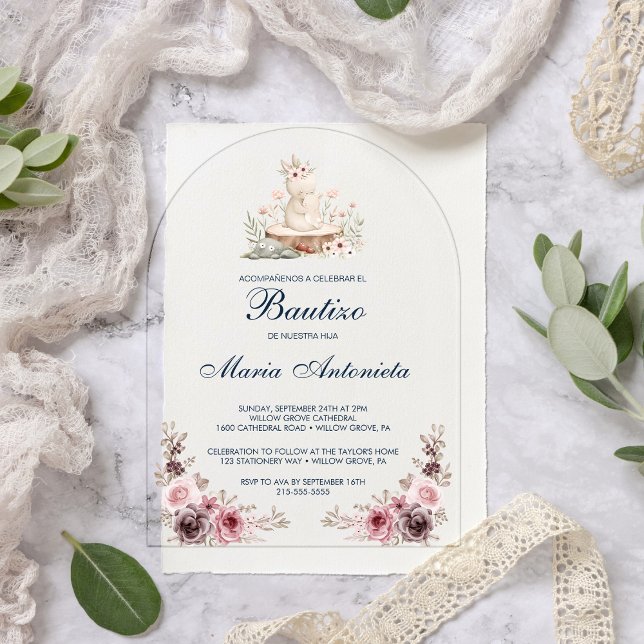 Spanish Bautizo De Niña Floral Bunny Baby  Acrylic Invitations (Spanish Bautizo De Niña Floral Bunny Baby Acrylic Invitations)