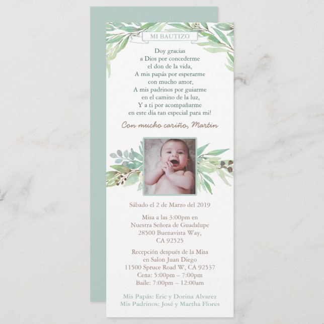 Spanish Bautizo For Boy, Spring Leaves Greenery Invitation (Front/Back)