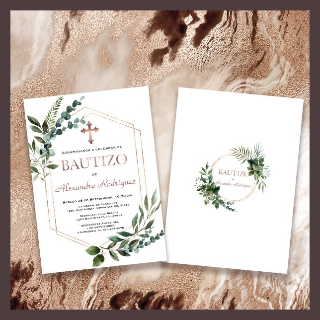 Spanish Bautizo Greenery Rose Gold Boy Baptism Invitation (Creator Uploaded)