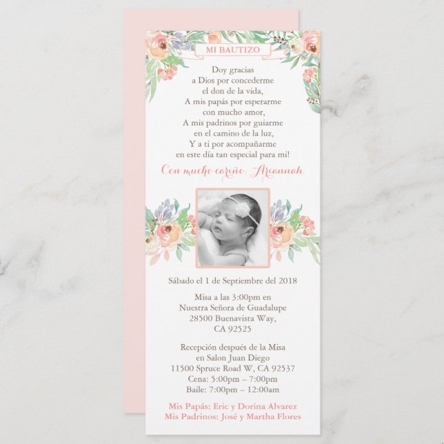 Spanish Bautizo Peach Spring Baptism invites girl (Front/Back)