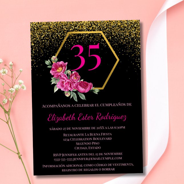 Spanish Beautiful Black Gold Pink 35th Birthday Invitation (Creator Uploaded)
