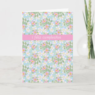 Spanish Birthday Card: Pink Dogroses on Blue Card
